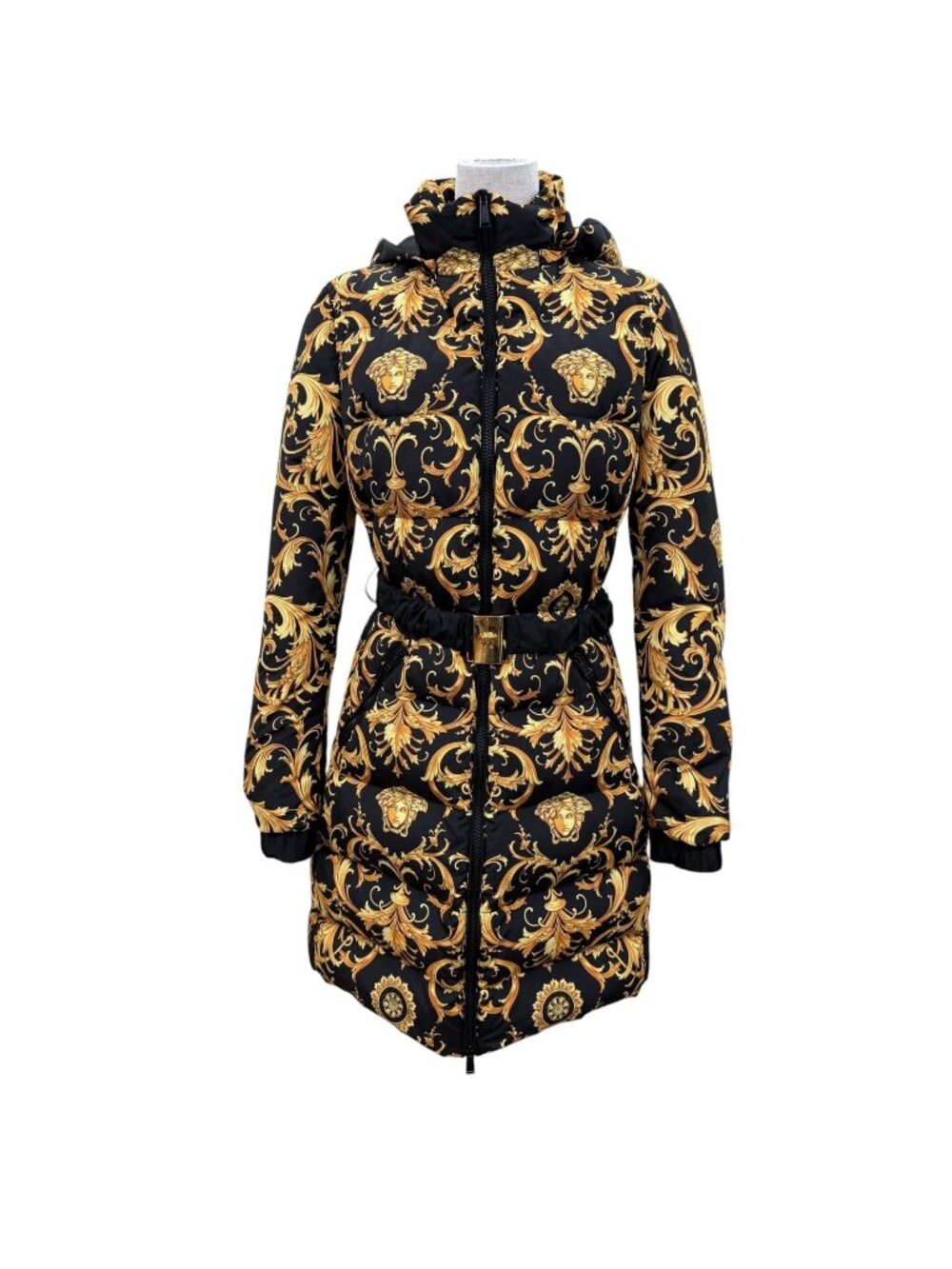 Versace Medusa Belt Baroque Long Length Down Coat Black Gold 36